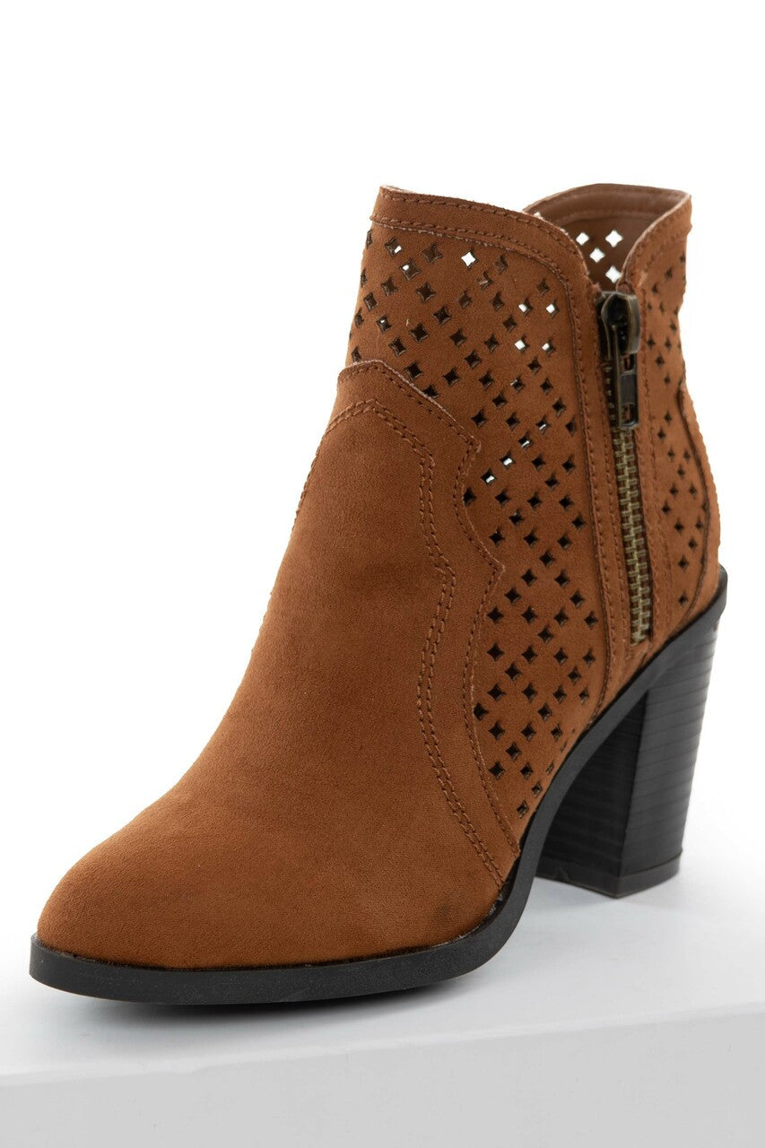 Spice Faux Suede Perforated High Heel Booties 