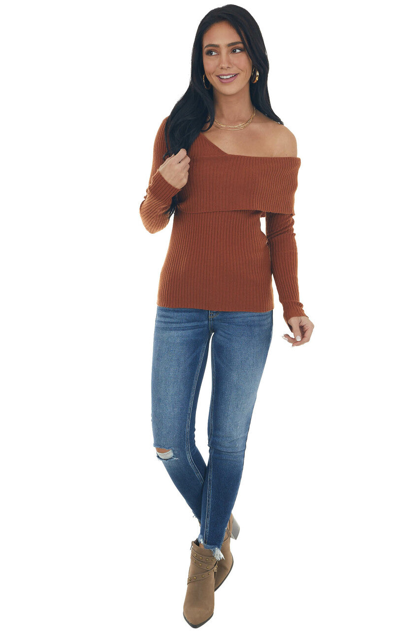 Spice Long Sleeve One Shoulder Ribbed Knit Top