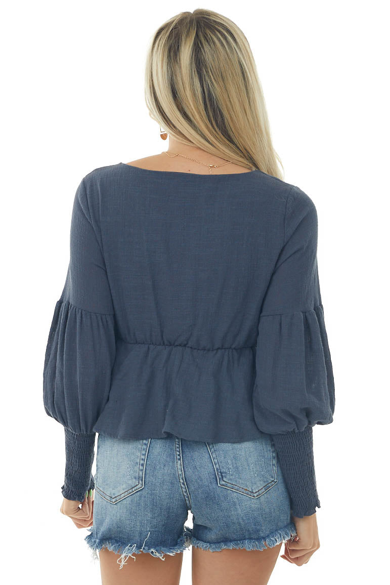Spruce Blue V Neck Puff Sleeve Peplum Blouse