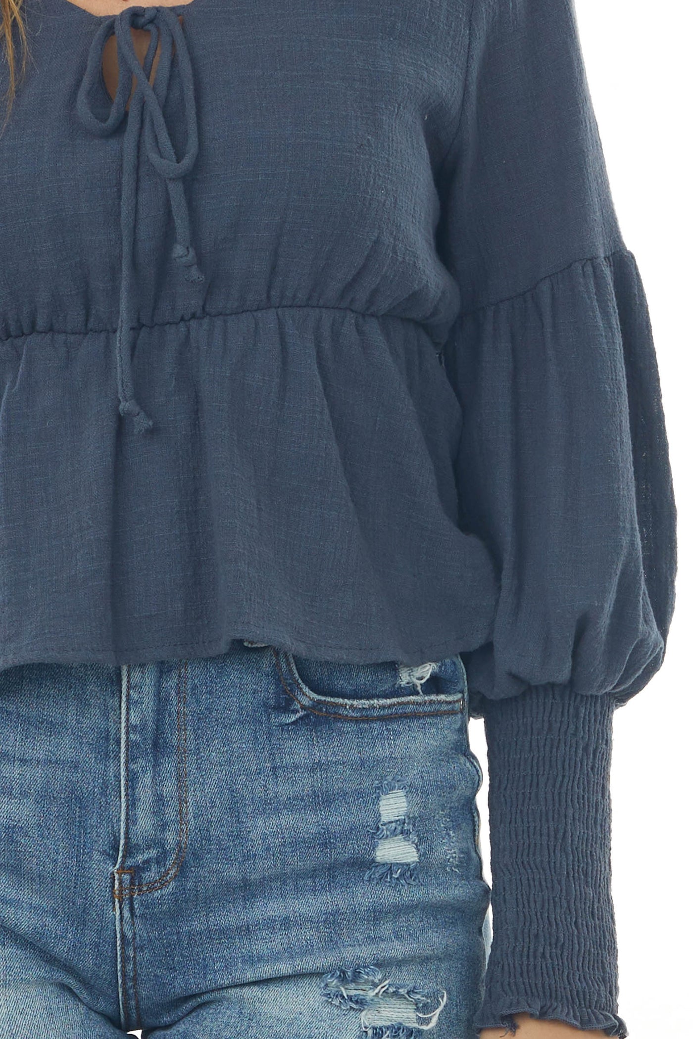 Spruce Blue V Neck Puff Sleeve Peplum Blouse