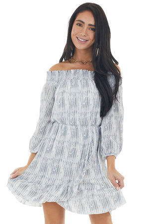 Steel and Ivory Tie Dye Striped Off the Shoulder Mini Dress