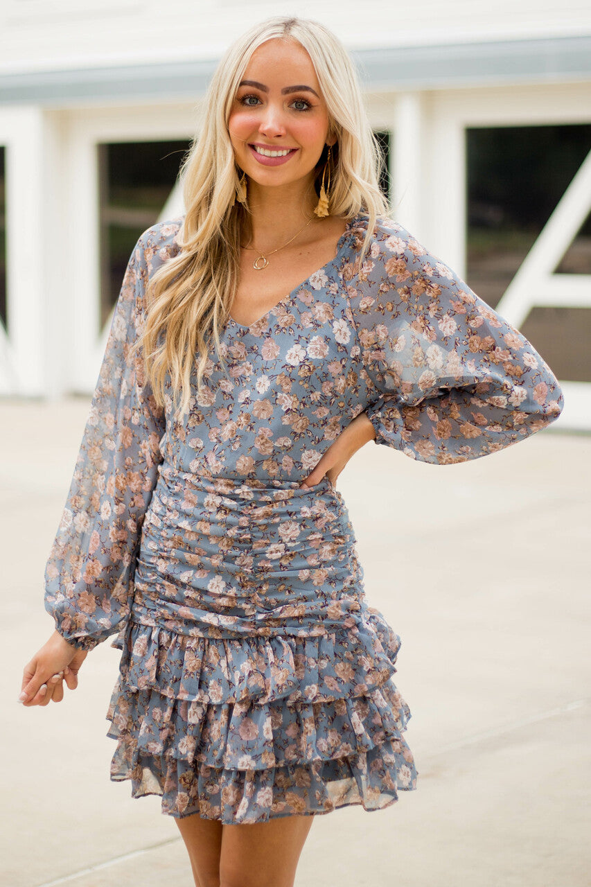 Steel Blue Floral Bubble Sleeve Ruffle Dress