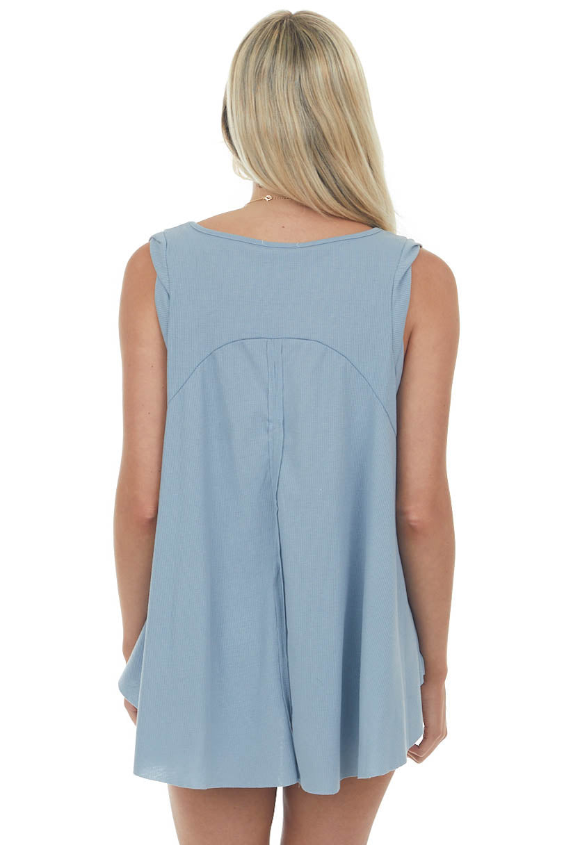 Steel Blue Raw Hem Ribbed Knit Top with Back Slit 