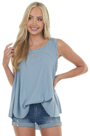 Steel Blue Raw Hem Ribbed Knit Top with Back Slit 