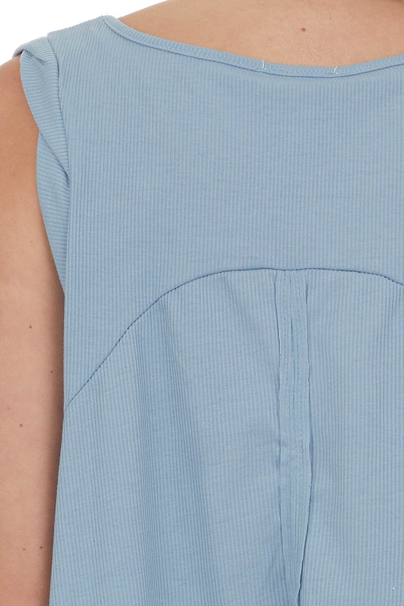 Steel Blue Raw Hem Ribbed Knit Top with Back Slit 