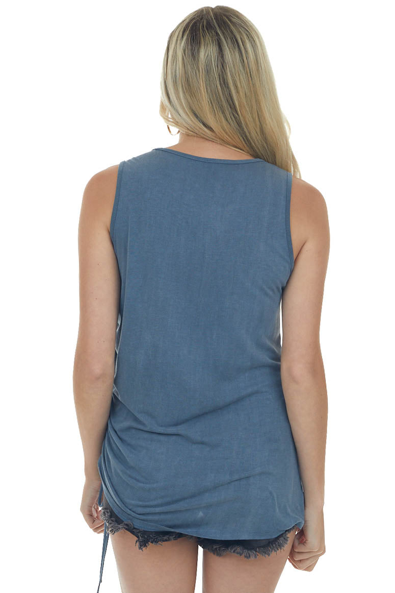Steel Blue Ruched Side Stretchy Knit Tank Top