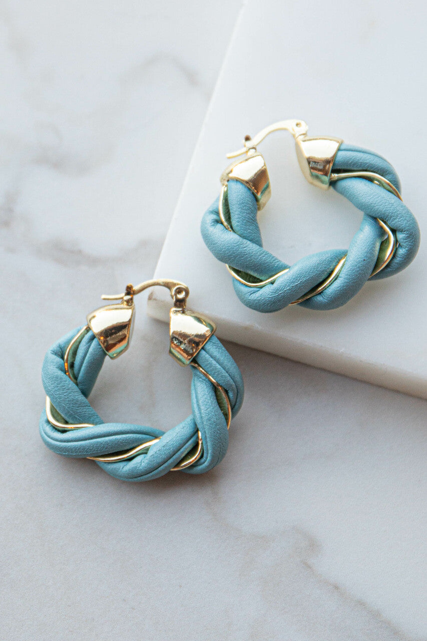 Steel Blue Twisted Gold Chunky Hoop Earrings