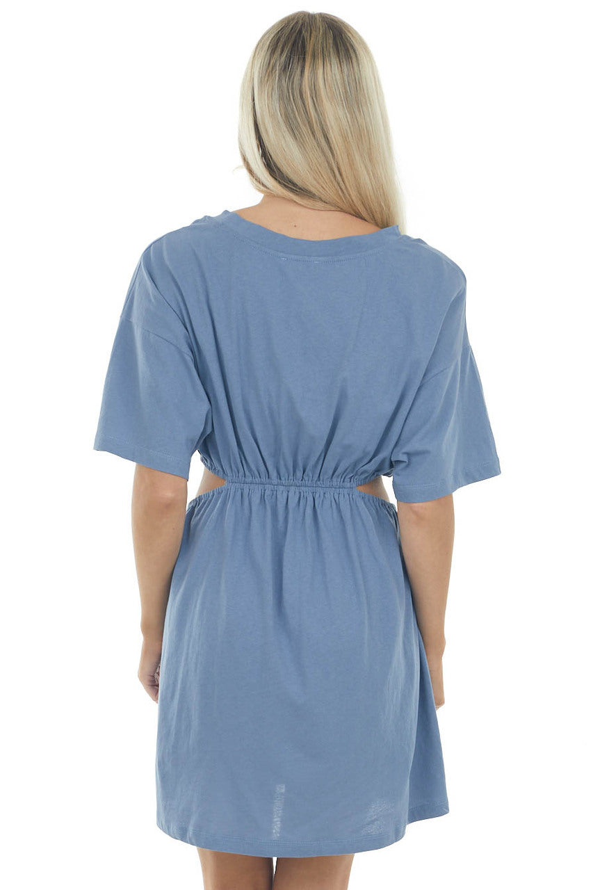 Steel Blue Waist Cut Out Short Sleeve Knit Dress