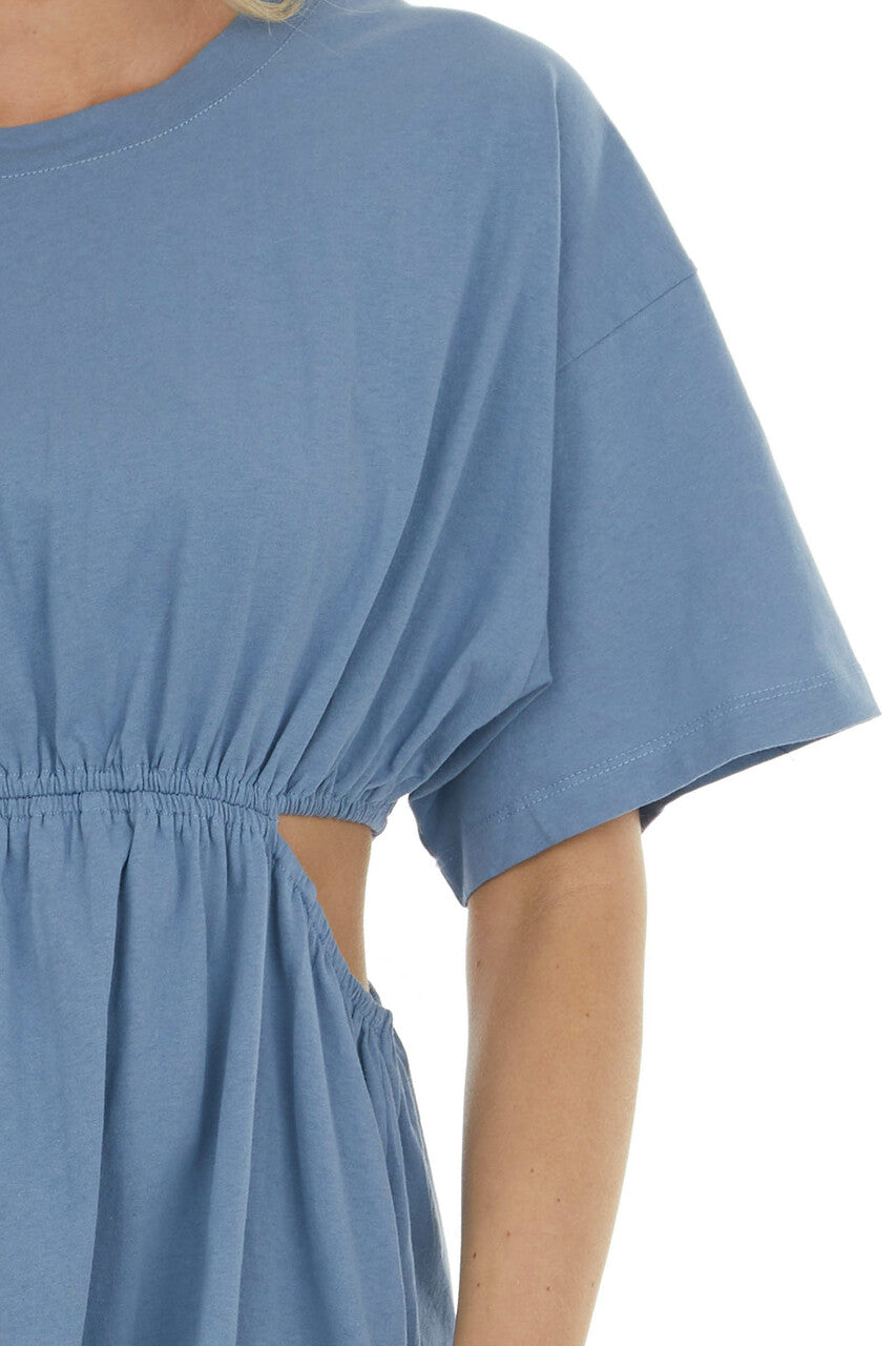 Steel Blue Waist Cut Out Short Sleeve Knit Dress