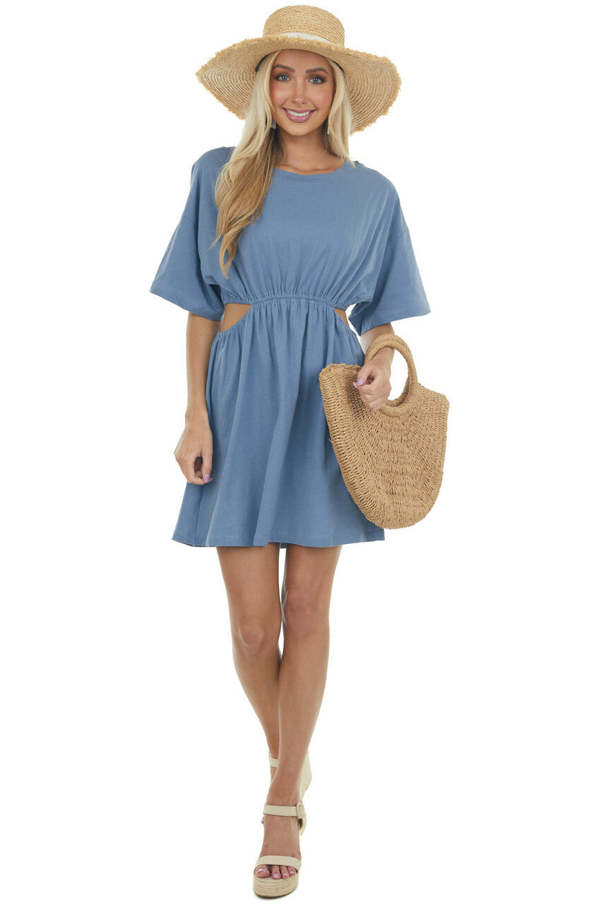 Steel Blue Waist Cut Out Short Sleeve Knit Dress