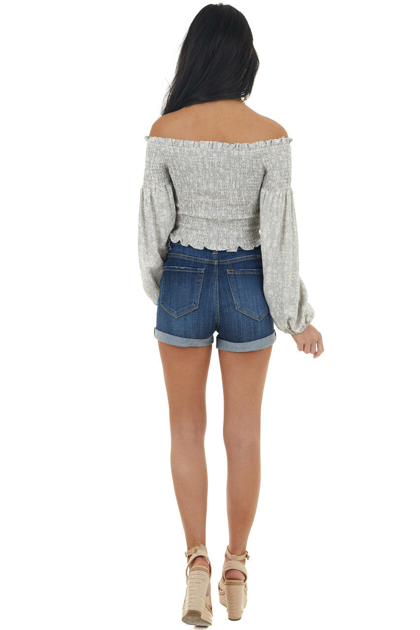 Steel Grey and Ivory Printed Smocked Off the Shoulder Blouse