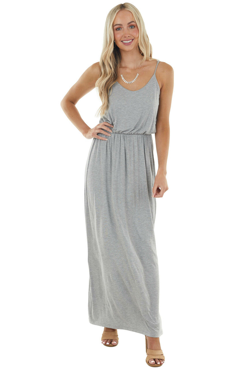 Steel Grey Blouson Stretchy Knit Sleeveless Maxi Dress 