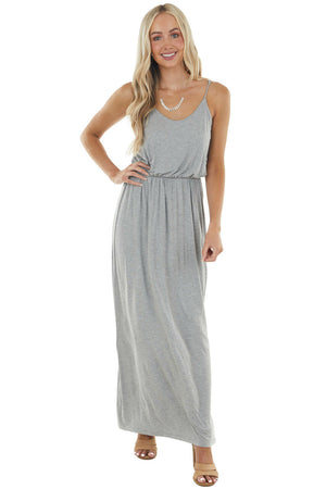 Steel Grey Blouson Stretchy Knit Sleeveless Maxi Dress 