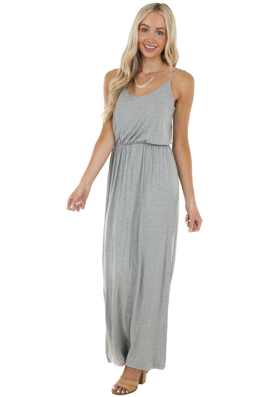 Steel Grey Blouson Stretchy Knit Sleeveless Maxi Dress 
