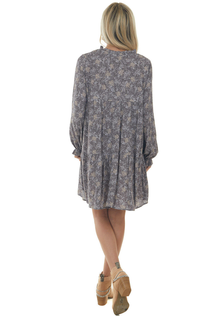 Steel Grey Floral Print Long Sleeve Mini Dress
