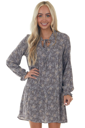 Steel Grey Floral Print Long Sleeve Mini Dress