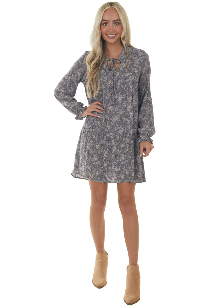 Steel Grey Floral Print Long Sleeve Mini Dress
