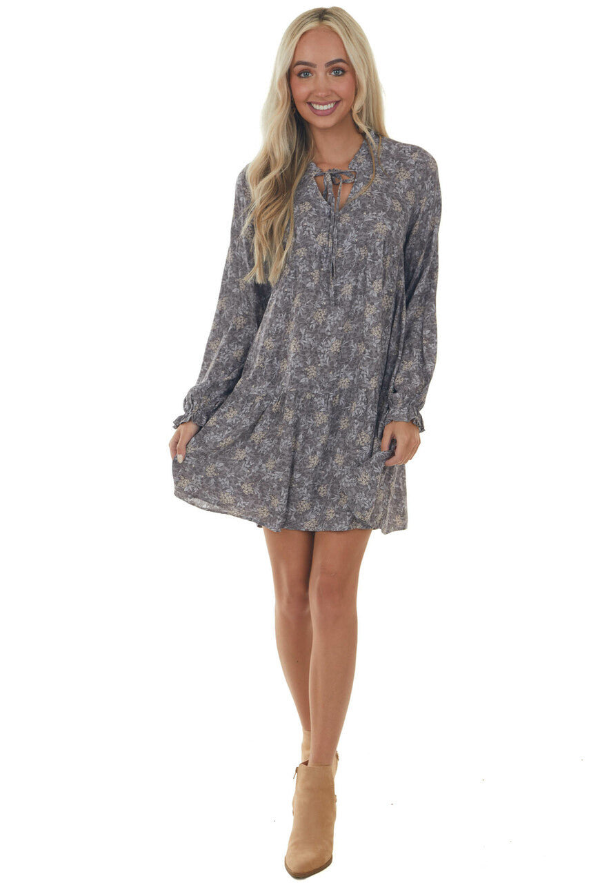 Steel Grey Floral Print Long Sleeve Mini Dress