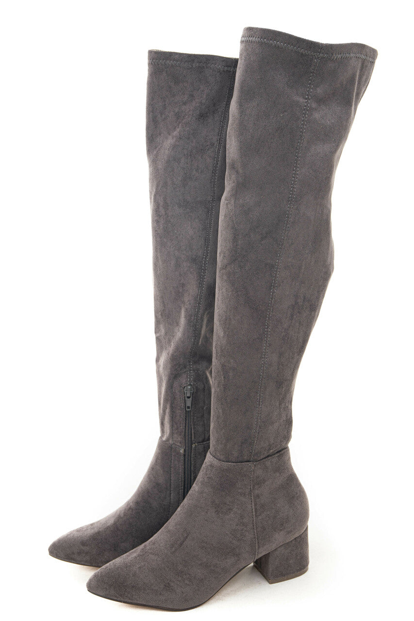 Stone Faux Suede Knee High Chunky Heel Boots 