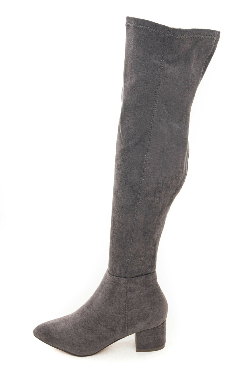 Stone Faux Suede Knee High Chunky Heel Boots 