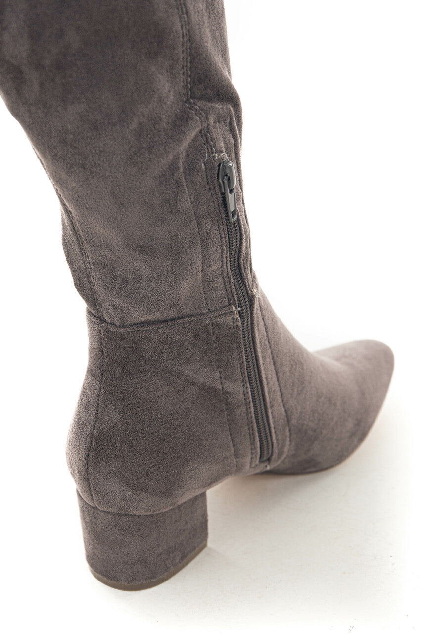 Stone Faux Suede Knee High Chunky Heel Boots 