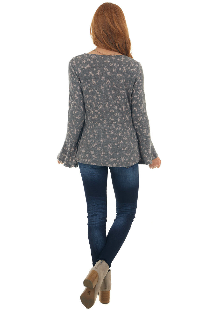Stone Grey Ditsy Floral Surplice Soft Knit Top