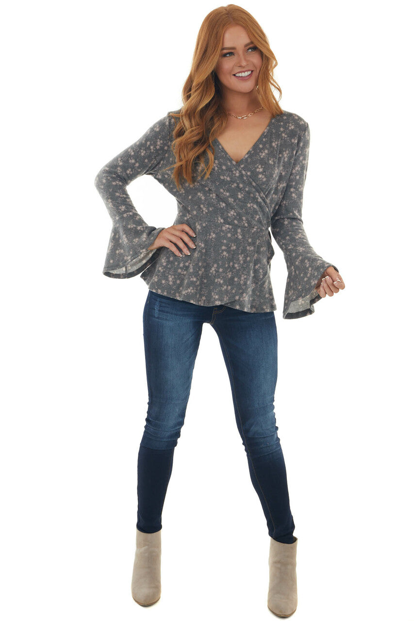 Stone Grey Ditsy Floral Surplice Soft Knit Top