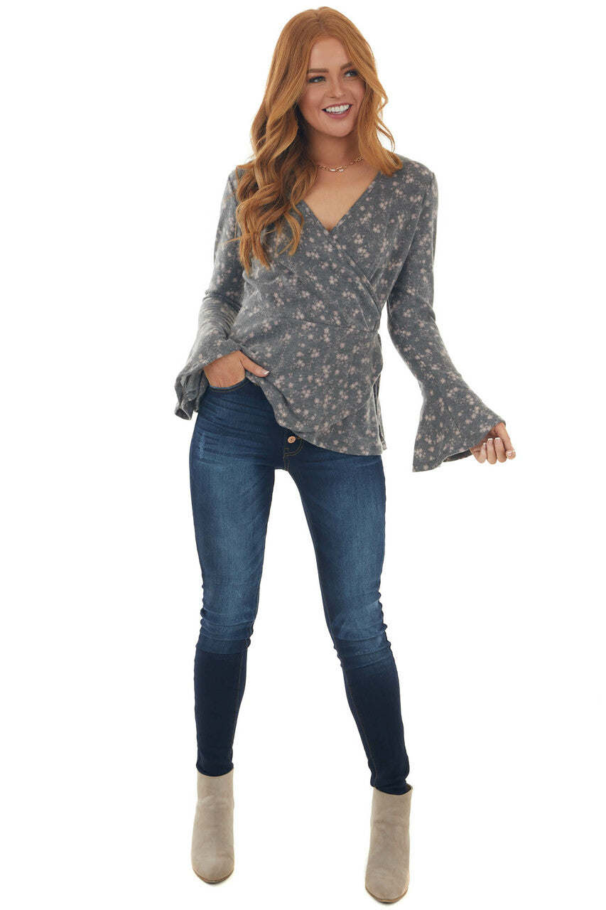 Stone Grey Ditsy Floral Surplice Soft Knit Top