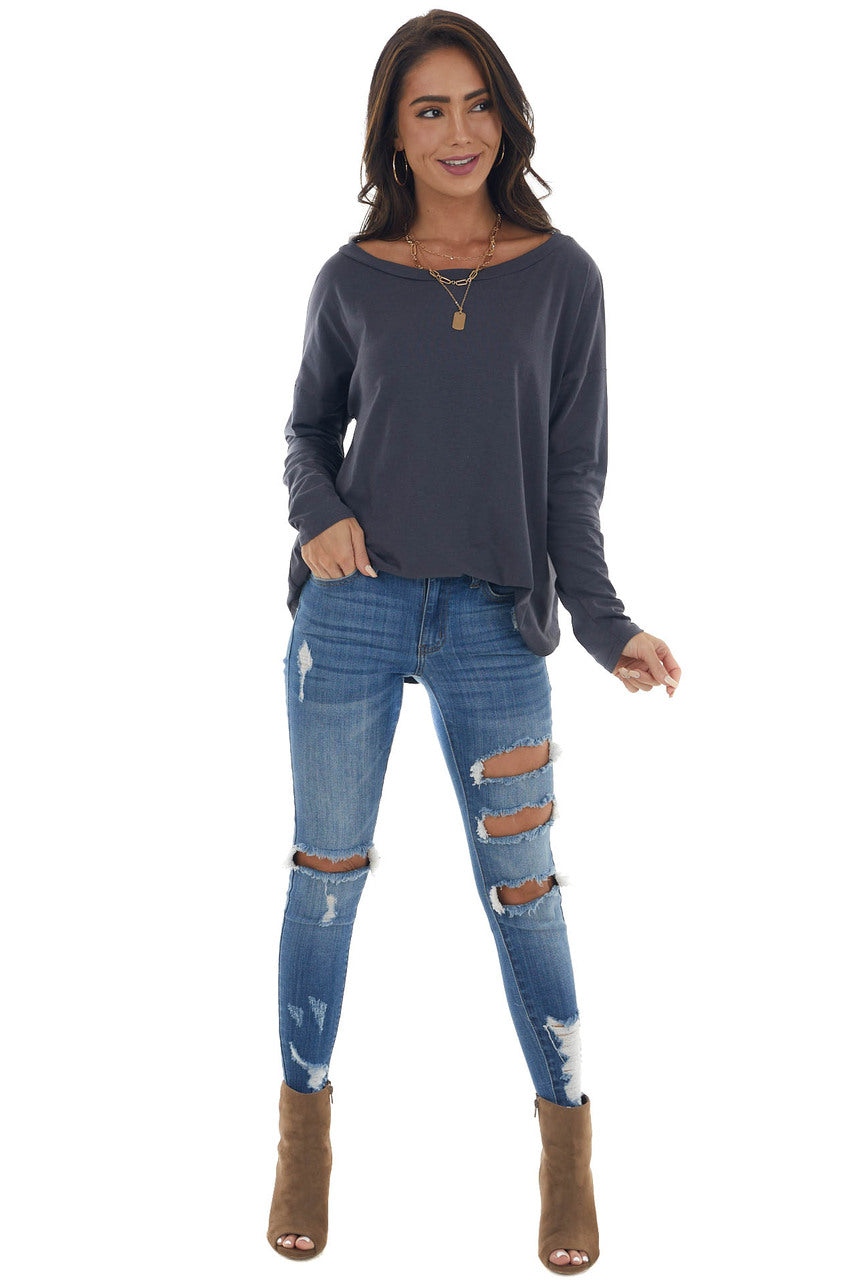 Stormy Blue Lightweight Stretchy Knit Top with Long Sleeves