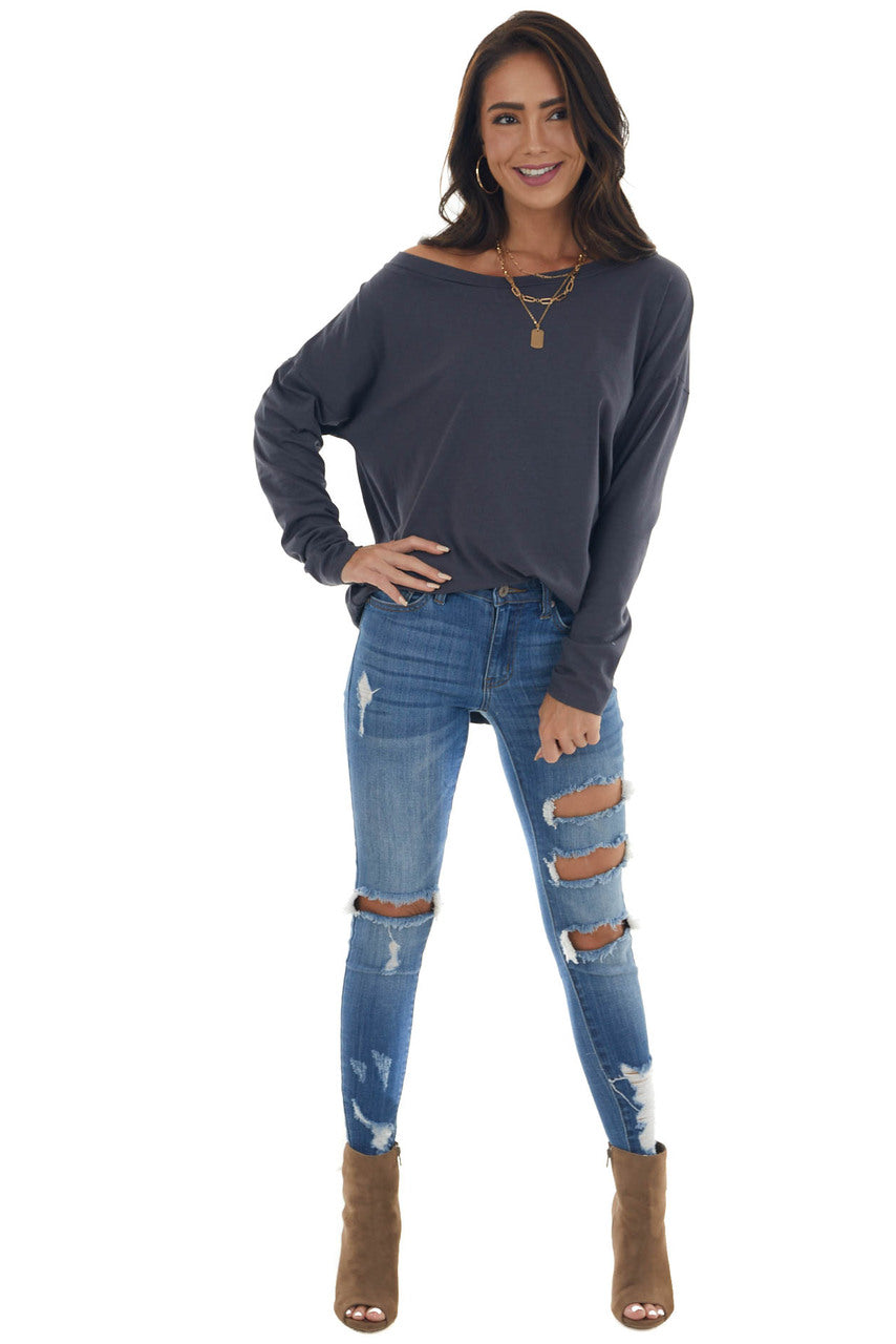 Stormy Blue Lightweight Stretchy Knit Top with Long Sleeves