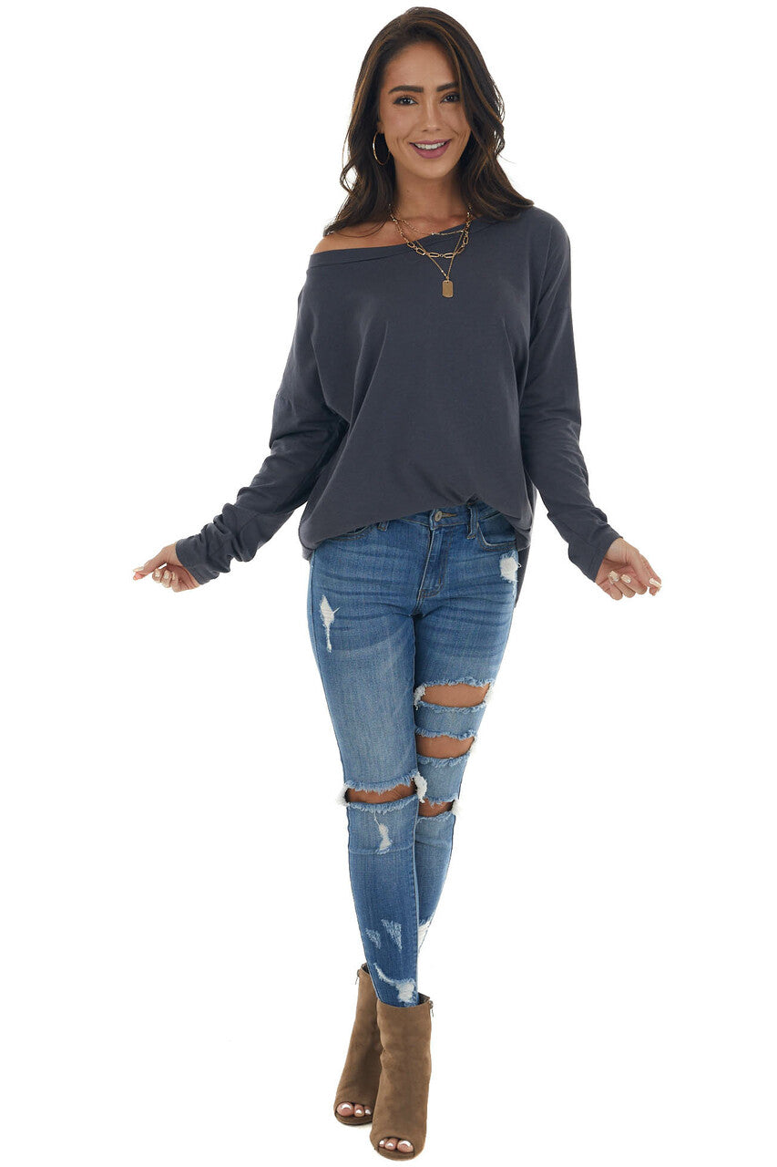 Stormy Blue Lightweight Stretchy Knit Top with Long Sleeves