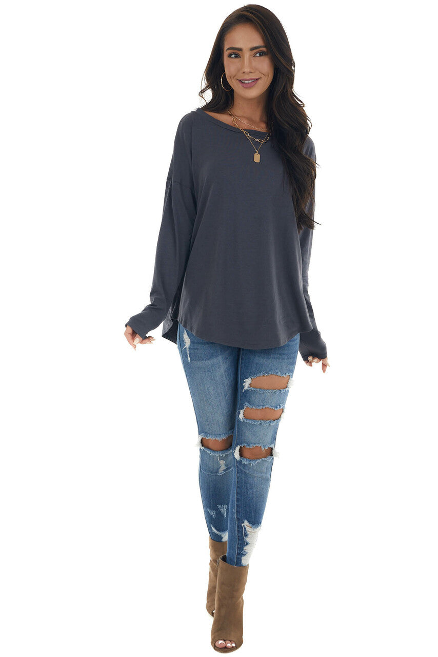 Stormy Blue Lightweight Stretchy Knit Top with Long Sleeves