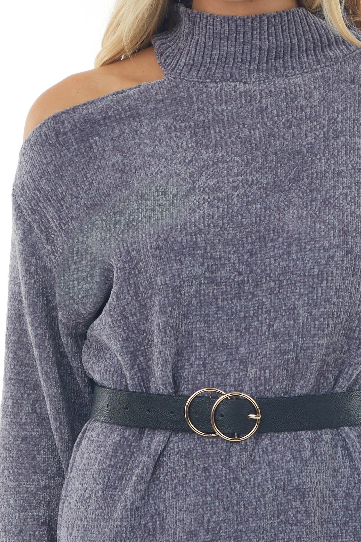 Stormy Grey Chenille Sweater Dress with Single Cold Shoulder