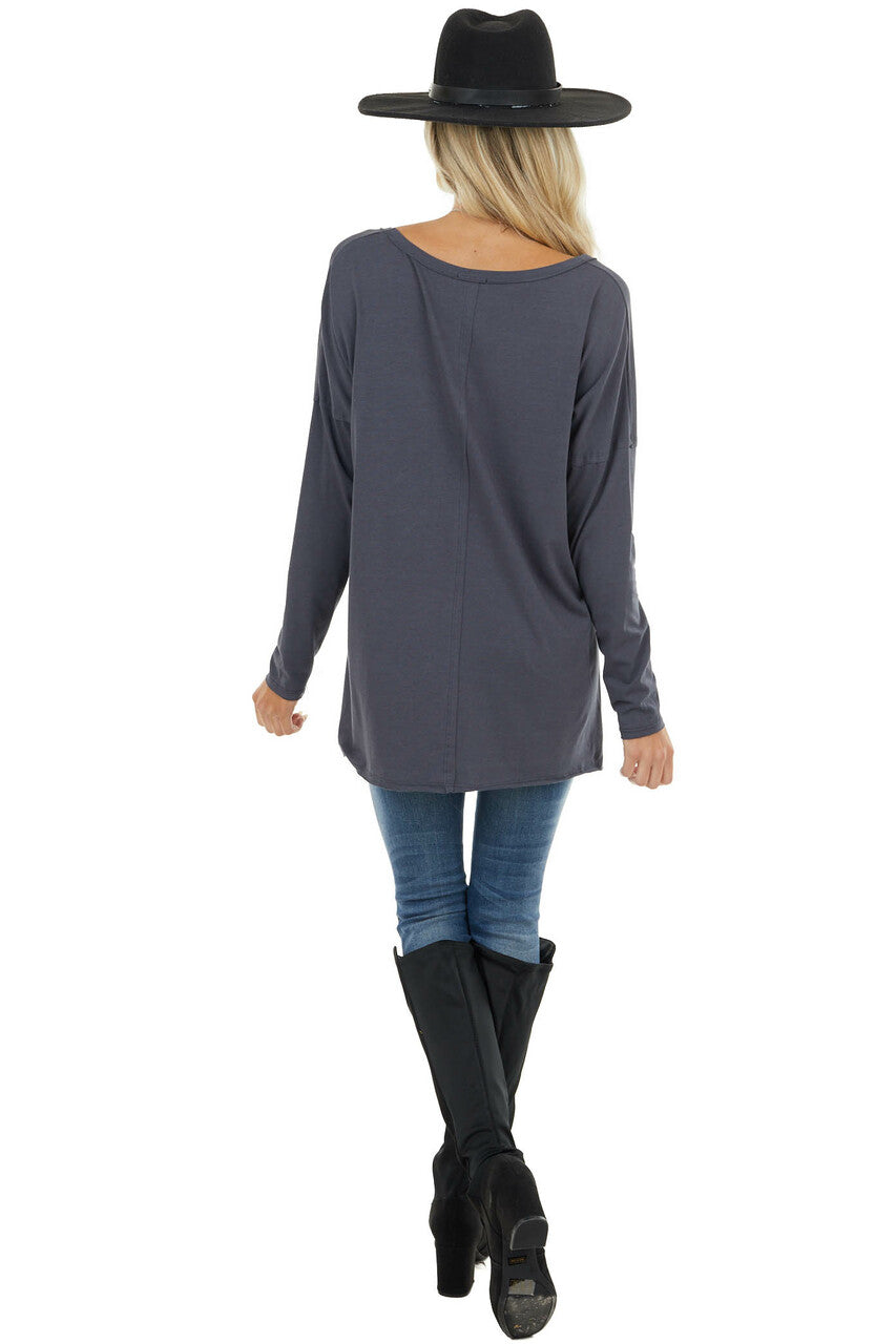 Stormy Grey Long Sleeve Top with Side Slit Detail 