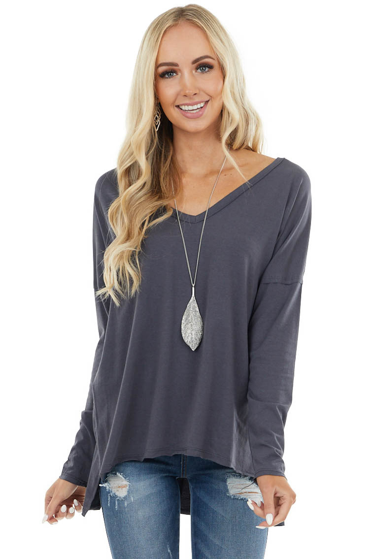 Stormy Grey Long Sleeve Top with Side Slit Detail 