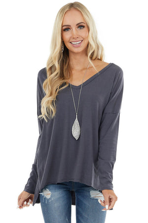Stormy Grey Long Sleeve Top with Side Slit Detail 
