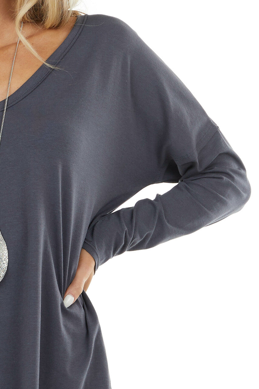 Stormy Grey Long Sleeve Top with Side Slit Detail 