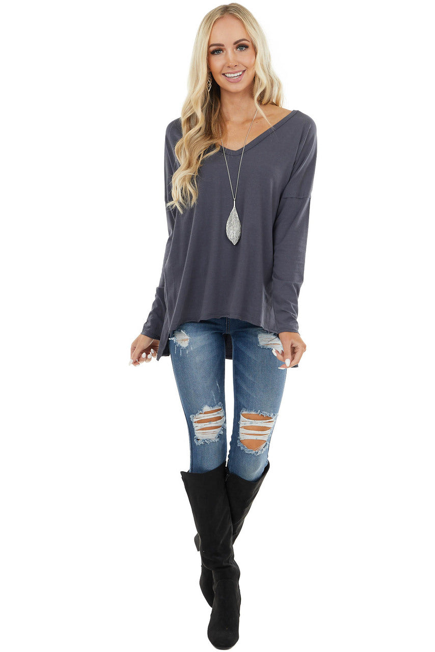 Stormy Grey Long Sleeve Top with Side Slit Detail 