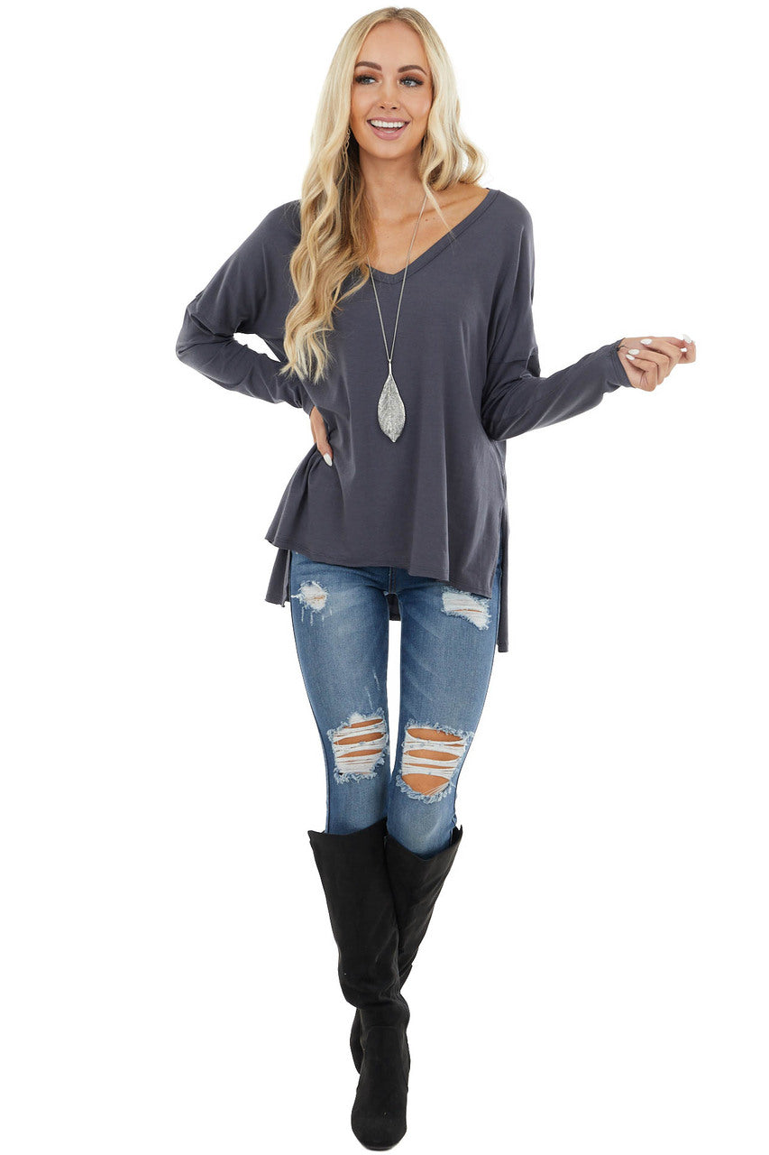 Stormy Grey Long Sleeve Top with Side Slit Detail 