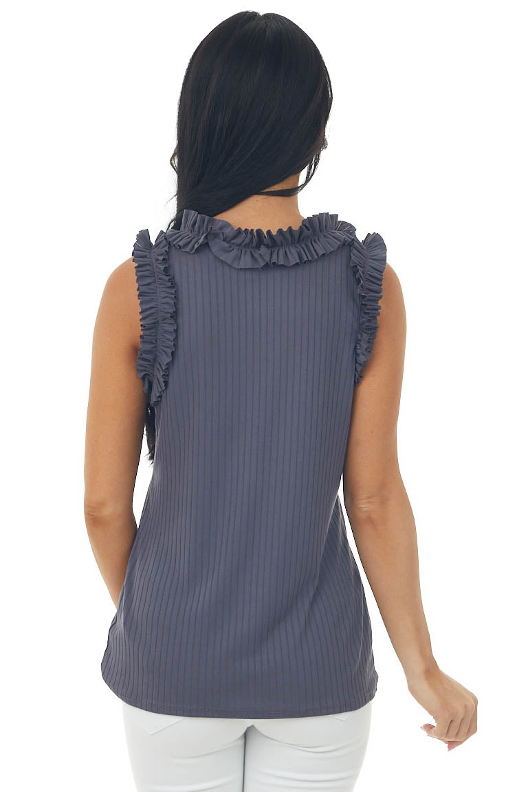 Stormy Grey Ribbed Knit Tank Top with Frill Trim