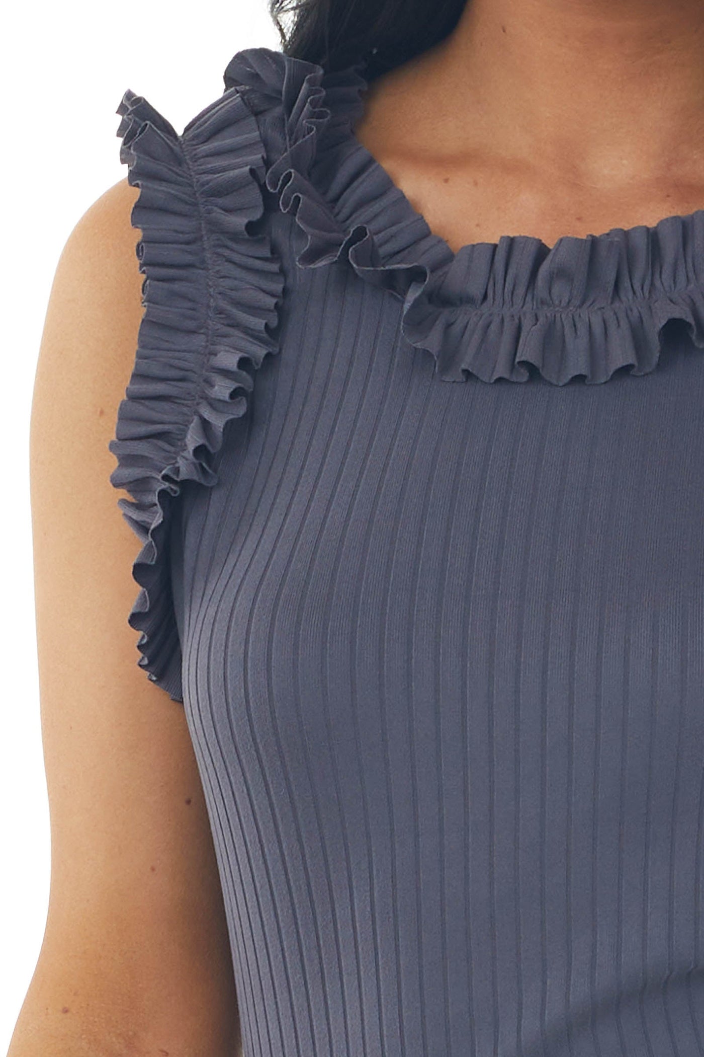 Stormy Grey Ribbed Knit Tank Top with Frill Trim