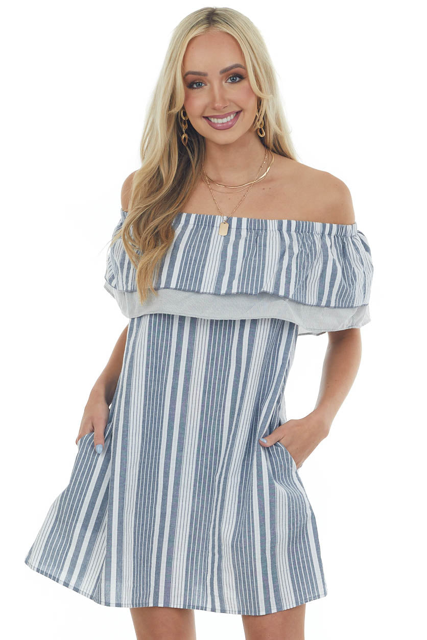 Stormy Striped Ruffle Off the Shoulder Dress