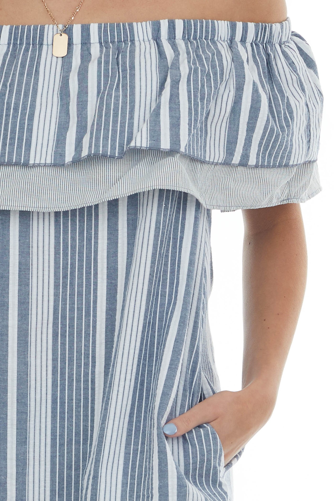 Stormy Striped Ruffle Off the Shoulder Dress