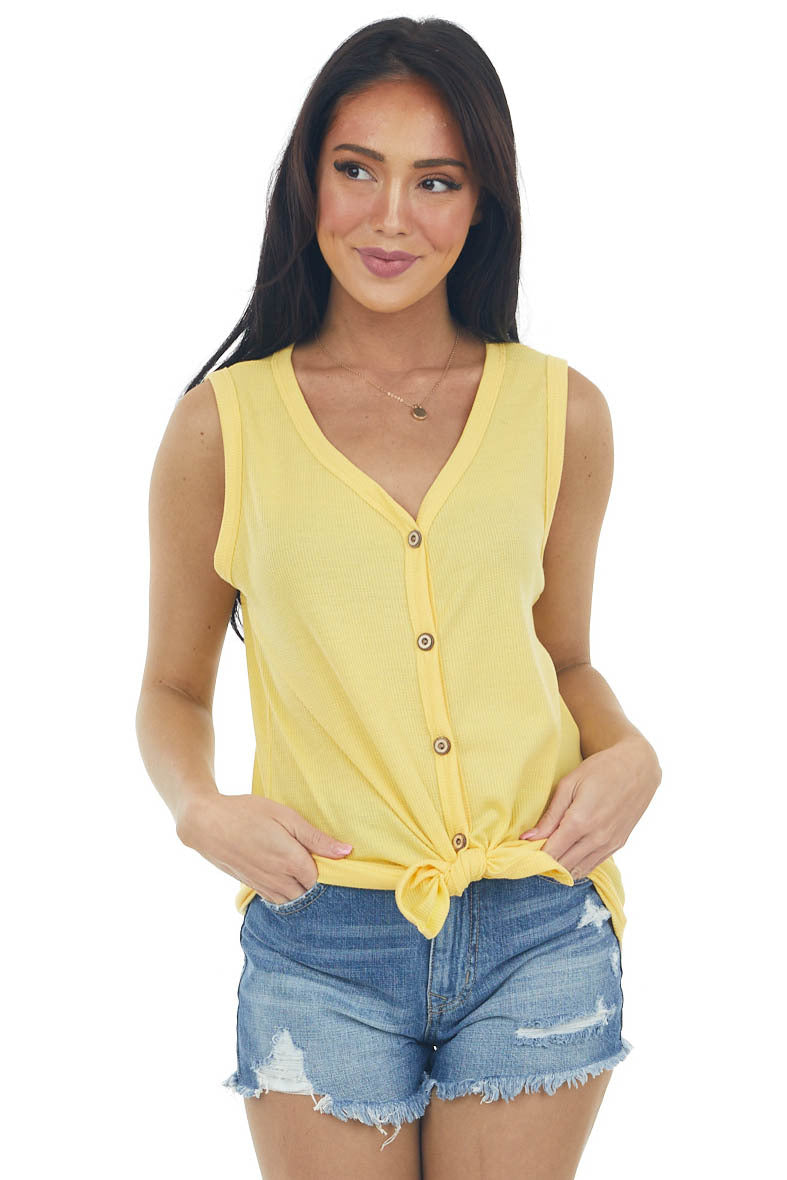 Sunshine Waffle Knit Front Tie Button Up Top 