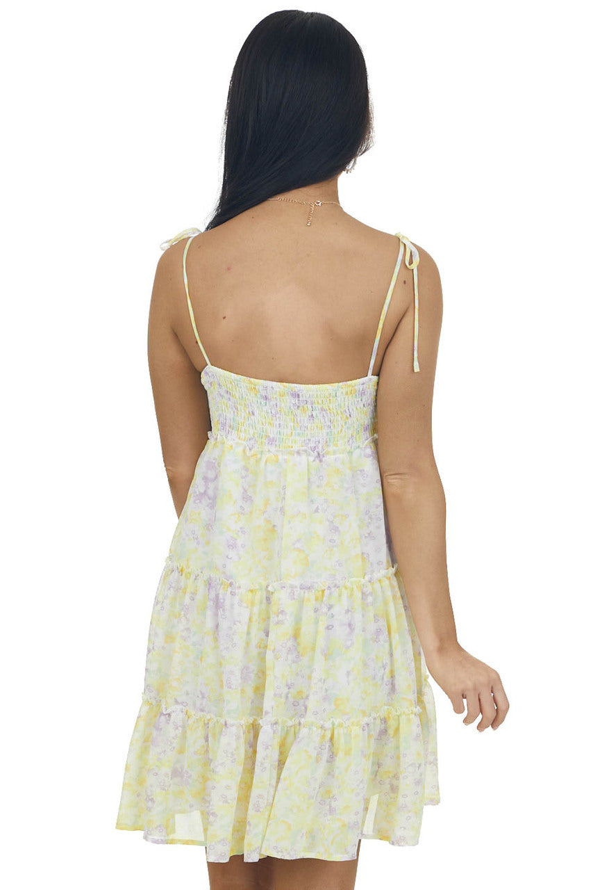 Sunshine Yellow Floral Tie Strap Tiered Dress