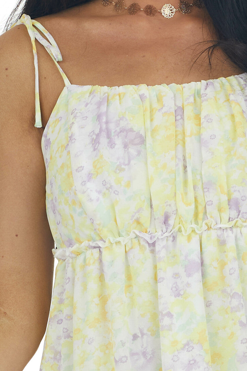 Sunshine Yellow Floral Tie Strap Tiered Dress