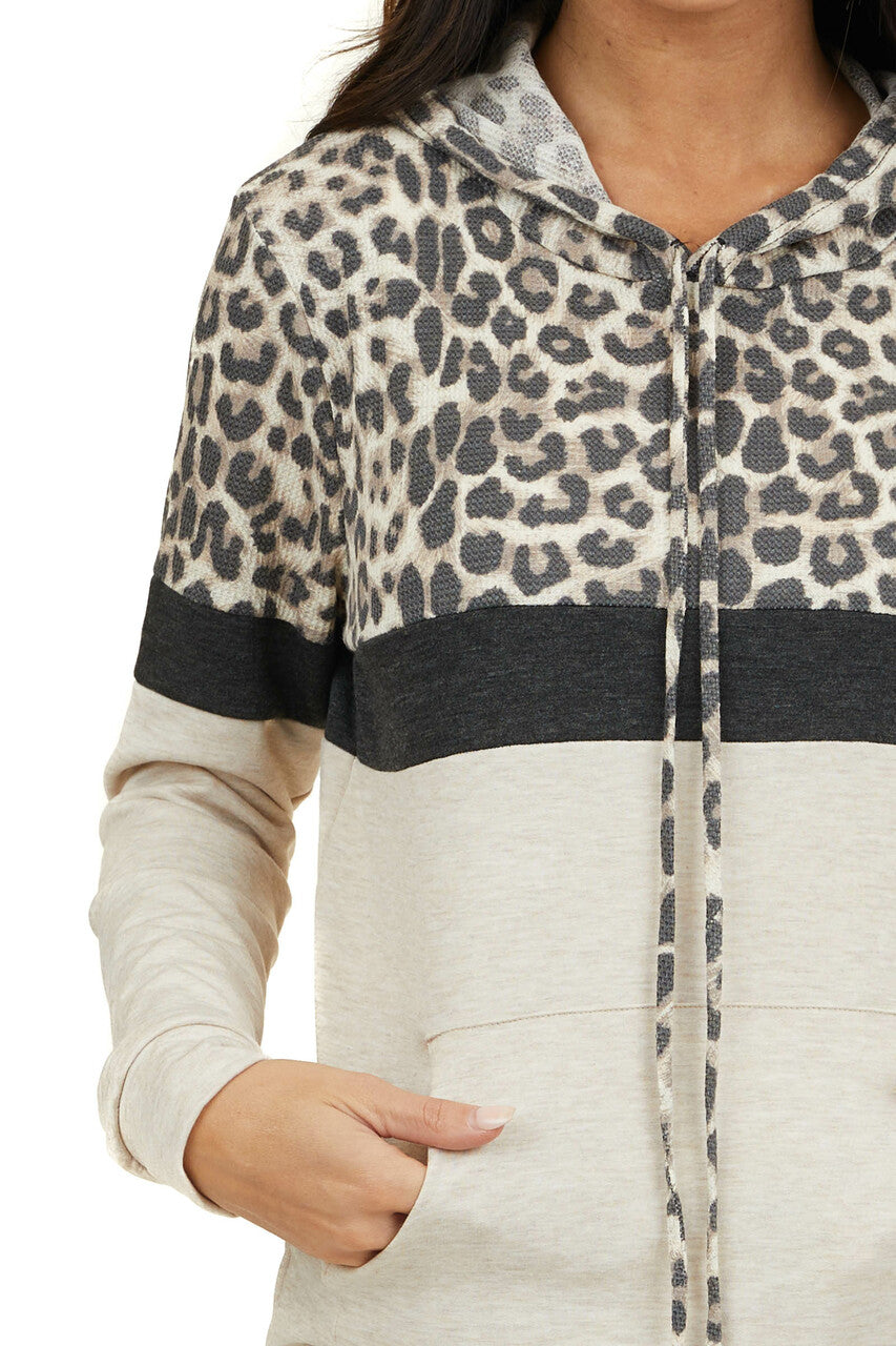 Tan Leopard Colorblock Hooded Sweatshirt with Front Pocket 