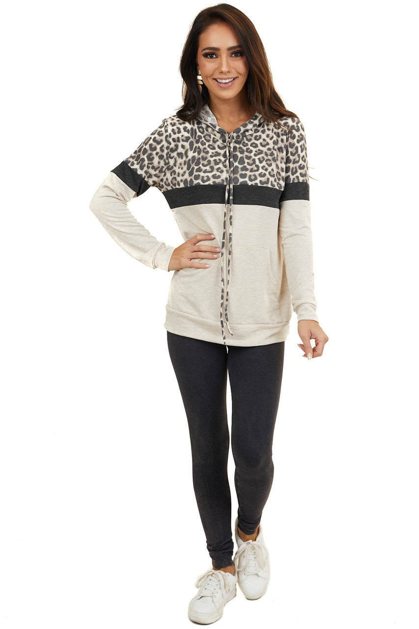 Tan Leopard Colorblock Hooded Sweatshirt with Front Pocket 