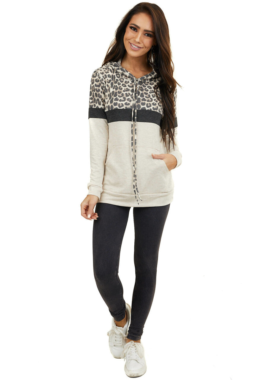 Tan Leopard Colorblock Hooded Sweatshirt with Front Pocket 