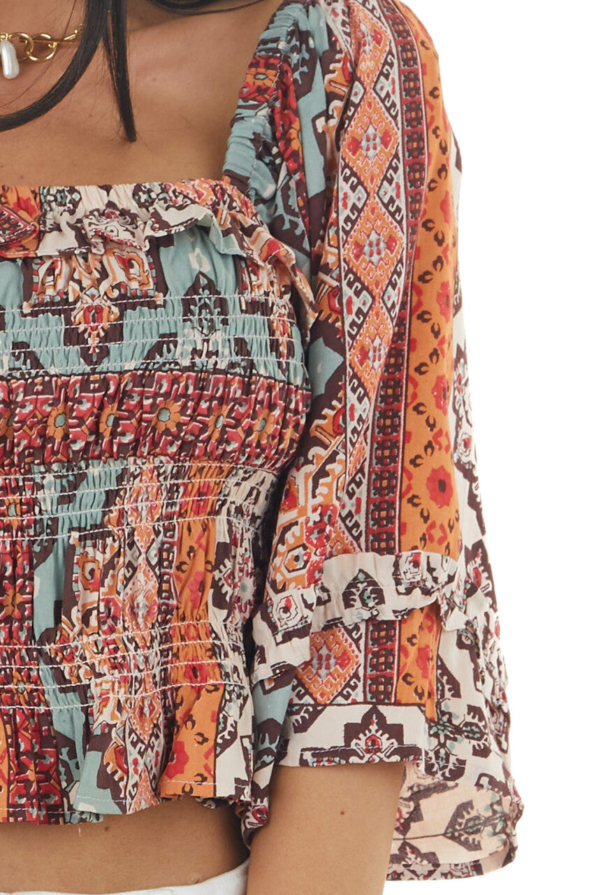 Tangerine Multicolor Abstract Print Smocked Bodice Crop Top